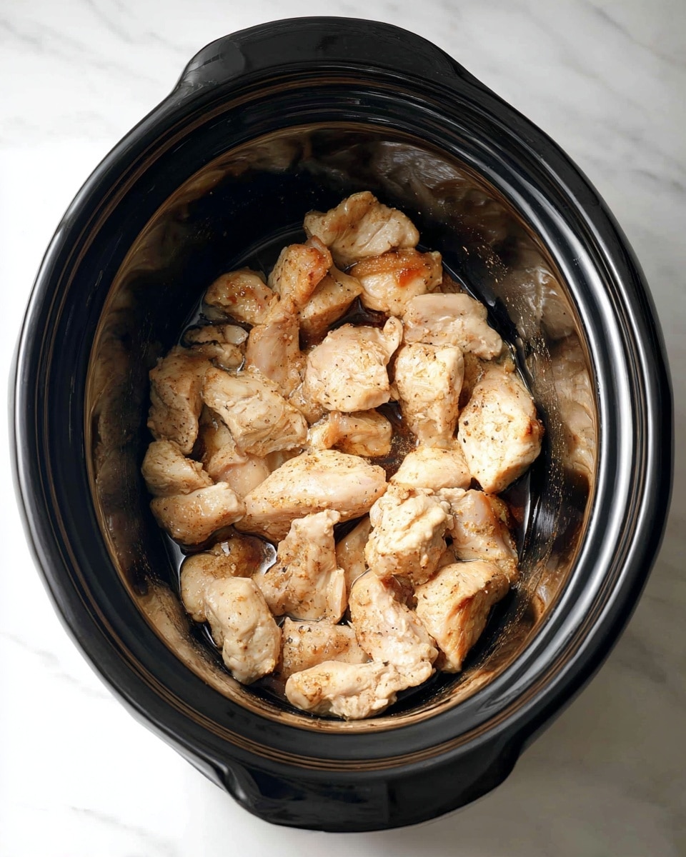 Inside a black slow cooker, there are about eleven pieces of cooked chicken placed in a single layer. They have light brown and pale golden colors with a slightly crispy texture visible on the edges. The inside of the slow cooker is shiny and smooth, reflecting the shapes of the chicken. The slow cooker rests on a white marbled surface. photo taken with an iphone --ar 4:5 --v 7