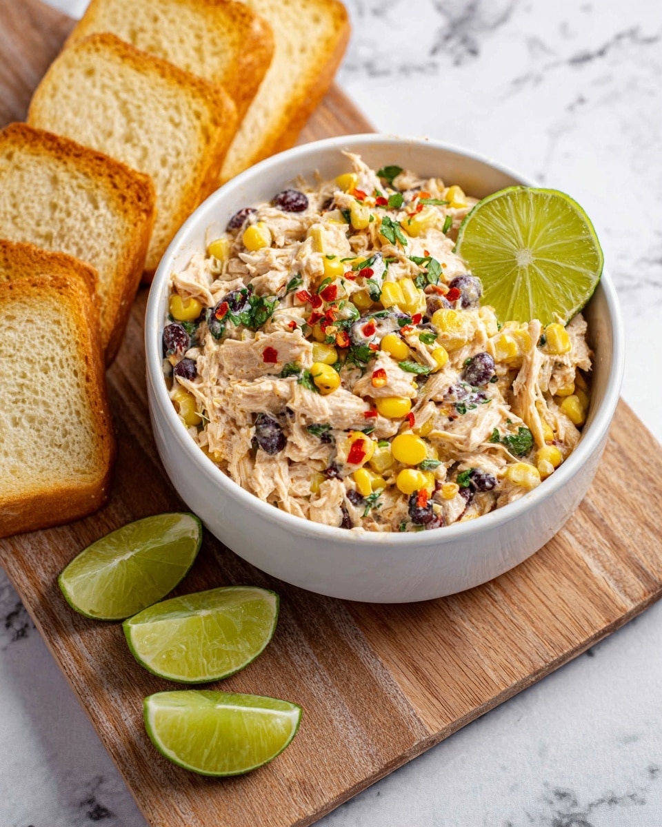 A white bowl filled with a creamy mix of shredded light beige chicken, bright yellow corn kernels, and black beans, all mixed with specks of green herbs and small red pepper flakes on top. A half lime wedge rests on the right side inside the bowl. The bowl sits on a wooden board that also holds four slices of toasted white bread arranged in a row, with one slice partially dipped into the bowl showing a scoop of the chicken mixture. Three lime wedges are placed on the white marbled surface near the wooden board. photo taken with an iphone --ar 4:5 --v 7