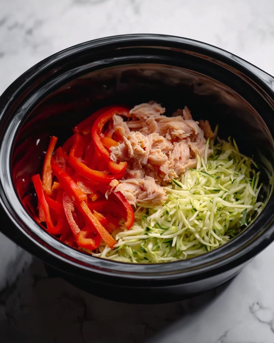 Inside a black slow cooker, there are three main layers of ingredients. On the left side, thin strips of red bell pepper show a bright red color with a smooth texture. In the middle, small pieces of raw chicken with a pale pink color and smooth, moist surface form a cluster. On the right, shredded zucchini appears light green with a slightly soft and shredded texture. The cooker sits on a white marbled surface. Photo taken with an iphone --ar 4:5 --v 7