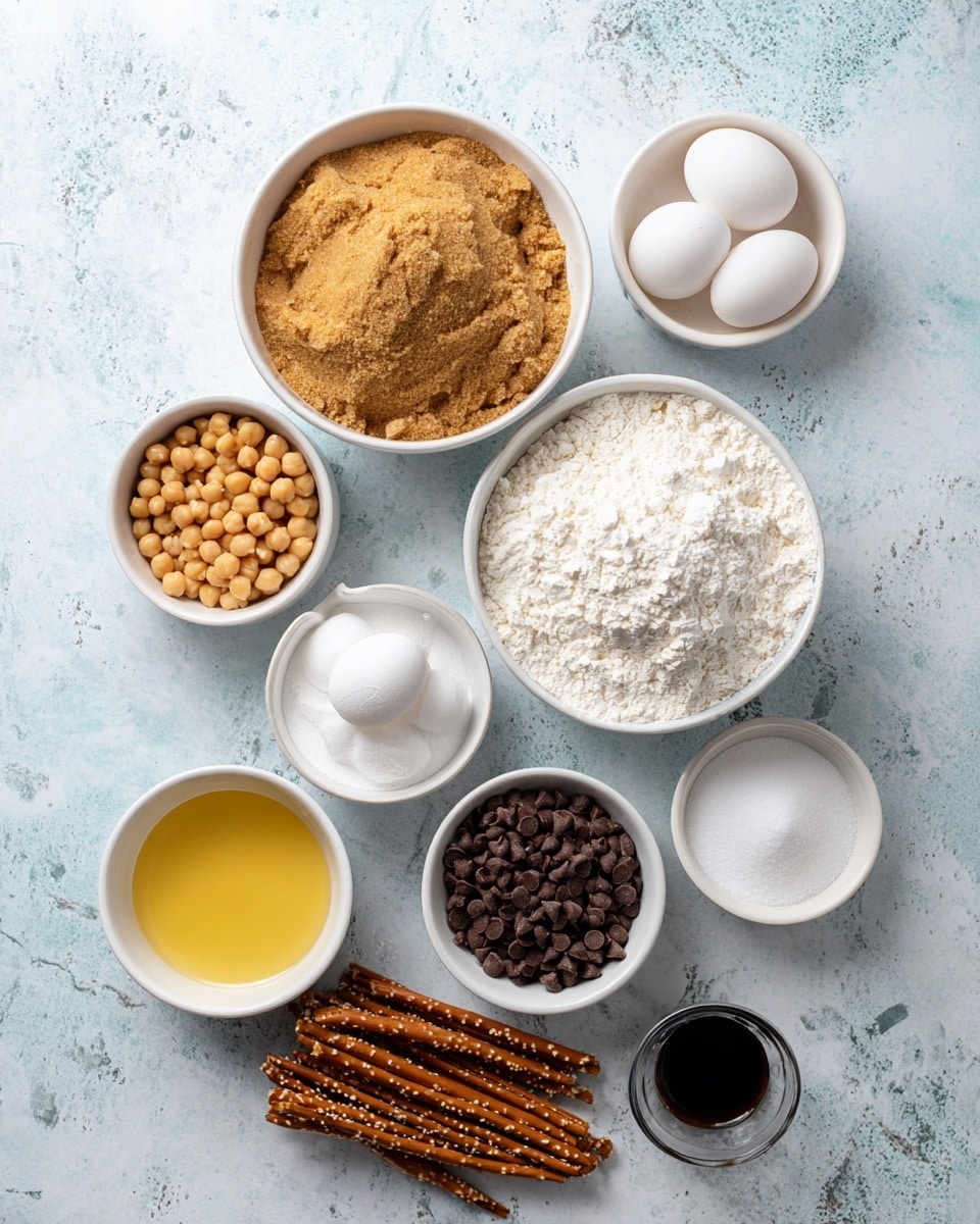 The image shows an arrangement of ingredients on a white marbled surface. At the top center, there is a white bowl filled with light brown sugar that has a grainy and soft texture. To the right and slightly below, a white bowl holds fine white flour, fluffy and powdery in appearance. Above that, a small white bowl contains coarse white salt. Below the brown sugar, a white bowl with melted butter that is smooth and shiny with a yellow color. To the left and lower than the butter bowl, a white bowl with chickpeas, round and light brown. Next to it are two whole white eggs placed on the surface. Below the flour bowl, a white bowl filled with dark brown chocolate chips, small and semi-sweet in look. A smaller white bowl holds white powders, likely baking soda or powder. Near the bottom right corner, a small dark liquid in a tiny black container. Lastly, a wooden scoop with twisted, crunchy pretzel sticks is positioned at the lower right. Photo taken with an iphone --ar 4:5 --v 7