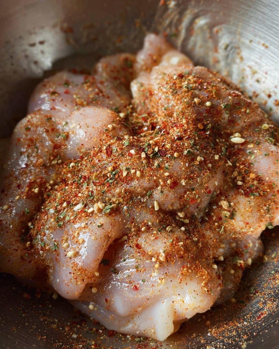 A close-up of raw chicken pieces in a metal bowl, covered with a layer of mixed spices. The chicken is pale pink with a slightly shiny texture, and the spices are sprinkled all over, showing coarse red flakes, small green herbs, and fine brown powder. The metal bowl has a dull silver color with some reflections and small specks of spice sticking to the sides. The chicken fills most of the bowl's bottom, and the spices create a textured look across the meat. photo taken with an iphone --ar 4:5 --v 7