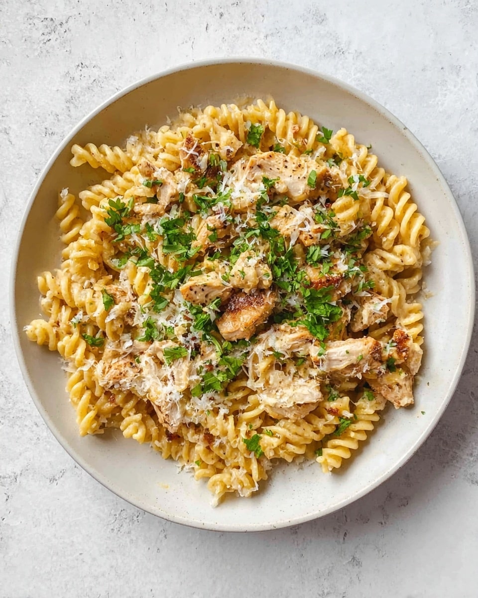 A round white plate holds a single layer of creamy fusilli pasta mixed with pieces of cooked chicken on top. The pasta is light golden yellow with a smooth texture, evenly spread across the plate. Chicken pieces are scattered throughout, brown and tender, slightly overlapping with the pasta. Fresh green parsley is sprinkled on top, adding a pop of color alongside finely grated white cheese that covers the dish in small patches, giving it a slightly textured look. The plate sits on a white marbled surface. Photo taken with an iphone --ar 4:5 --v 7
