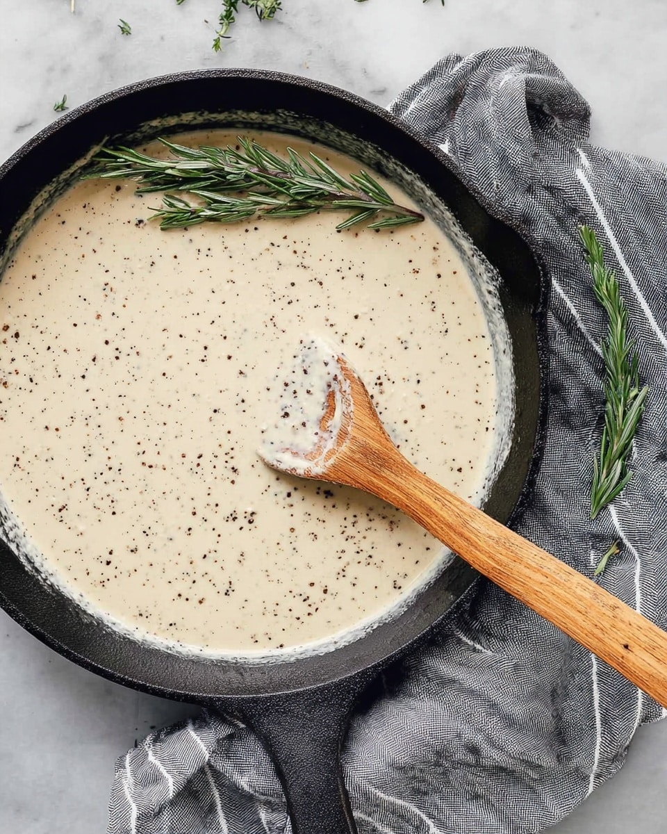 A close-up of a black cast iron pan filled with creamy white sauce that has small specks of black pepper and herbs throughout, with a wooden spoon resting inside, partially coated with the sauce. The pan sits on a white marbled surface, next to two small fresh rosemary sprigs and a gray cloth with thin white stripes draped nearby. Photo taken with an iphone --ar 4:5 --v 7