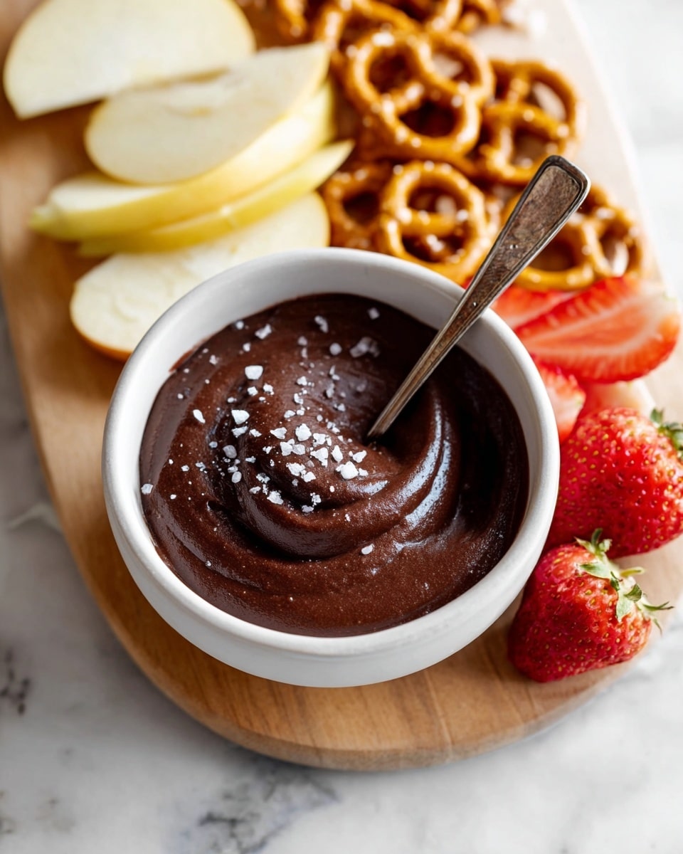 A small white bowl filled with thick dark chocolate dip topped with coarse salt, a silver spoon partially dipped inside swirling the smooth texture; the bowl sits on a light wooden board with three sections around it: thin pale yellow apple slices on the top left, golden brown mini pretzels on the top right, and bright red strawberries cut in half on the bottom right; all placed on a white marbled surface photo taken with an iphone --ar 4:5 --v 7