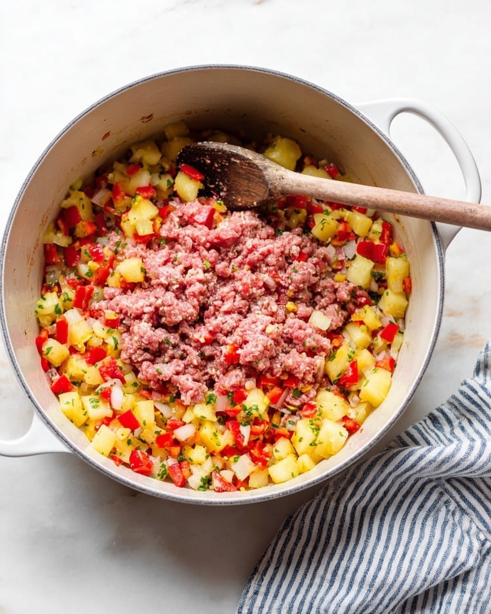 A white pot sits on a white marbled surface, filled with evenly chopped layers of diced yellow potatoes, red bell peppers, and raw ground meat forming a pink, rough textured layer on top. There are small pieces of onions mixed in among the vegetables, adding a touch of white. A brown wooden spoon rests inside the pot, partly stirring the ingredients with the tip touching the bottom. A striped cloth with blue and white lines is placed beside the pot on the right side. The overall scene looks bright, clean, and ready for cooking photo taken with an iphone --ar 4:5 --v 7