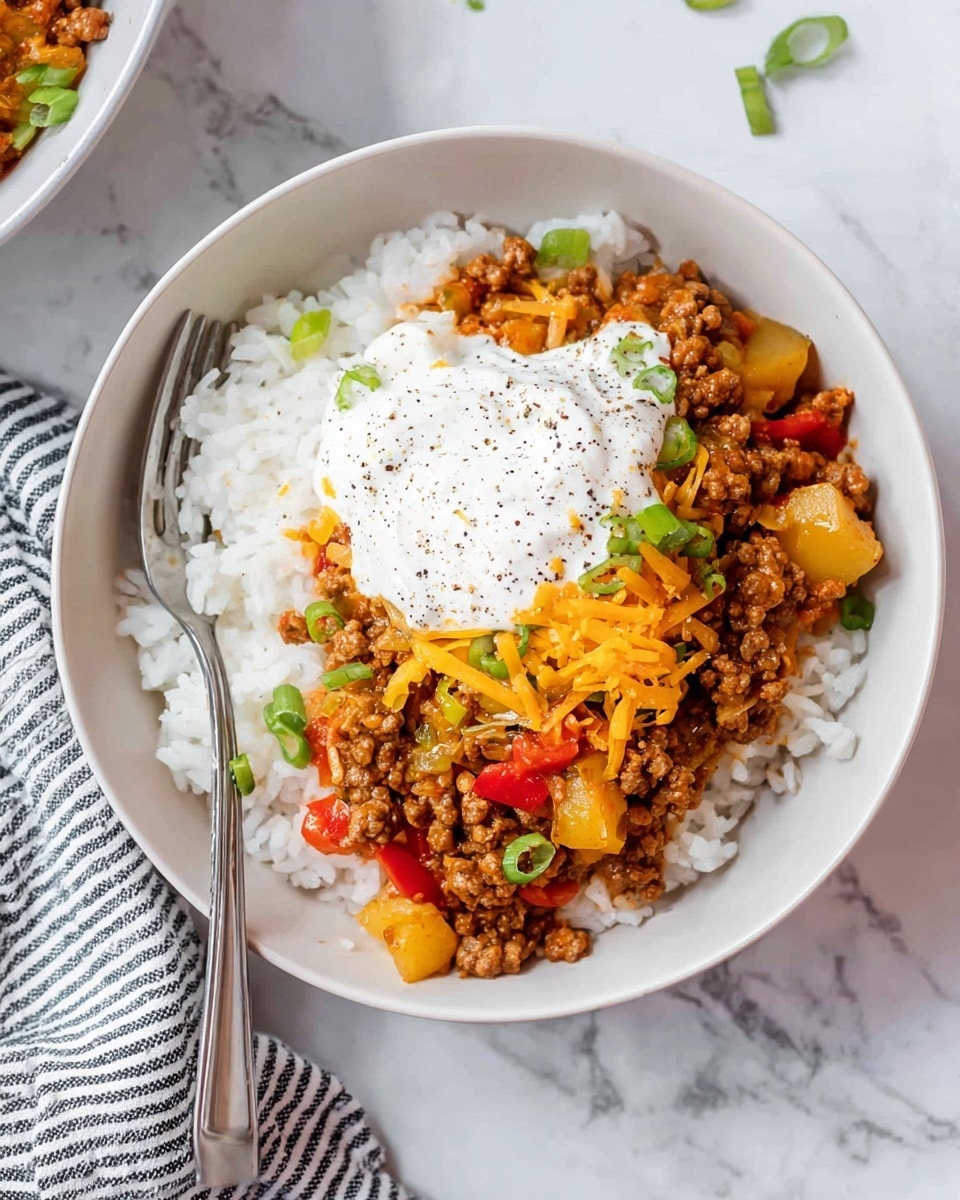 A white bowl filled with a base layer of fluffy white rice, topped with a second layer of cooked ground meat mixed with visible pieces of red bell pepper and small yellow potato chunks. On top of the meat layer, there are scattered small shredded orange cheddar cheese and sliced green onions. The dish is finished with a dollop of thick white sour cream sprinkled with black pepper, positioned near the top edge of the bowl. A silver fork rests inside the bowl on the left side. The bowl is placed on a white marbled surface with part of a striped cloth visible in the background. Photo taken with an iphone --ar 4:5 --v 7