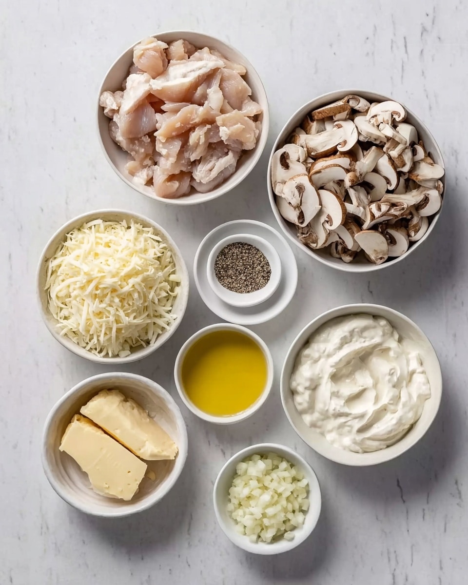 The image shows a top view of several white bowls arranged on a white marbled surface, each filled with different cooking ingredients. There is one bowl with sliced raw chicken pieces, another filled with sliced mushrooms piled high, and a bowl full of chopped onions. A small bowl contains minced garlic, while another has grated cheese. There is also a bowl with a thick white creamy substance, and two bowls filled with yellow oil. Finally, a small white bowl holds a mix of salt and pepper. The arrangement is neat and clean, with each ingredient clearly visible. Photo taken with an iphone --ar 4:5 --v 7