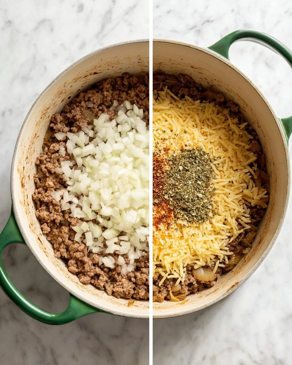 The image shows two side-by-side views of a white round pot with a green handle on a white marbled surface. In the left view, there is a base layer of browned ground meat filling the bottom of the pot, topped with a layer of finely chopped white onions placed mostly in the center. In the right view, the browned ground meat remains the base layer, with a smaller layer of softened onions mixed in, topped by a layer of dry yellow rice placed mostly in the center, along with a small amount of dried green herbs and a bit of red seasoning scattered around the rice. The pot's inside edge shows some browned residue. photo taken with an iphone --ar 4:5 --v 7