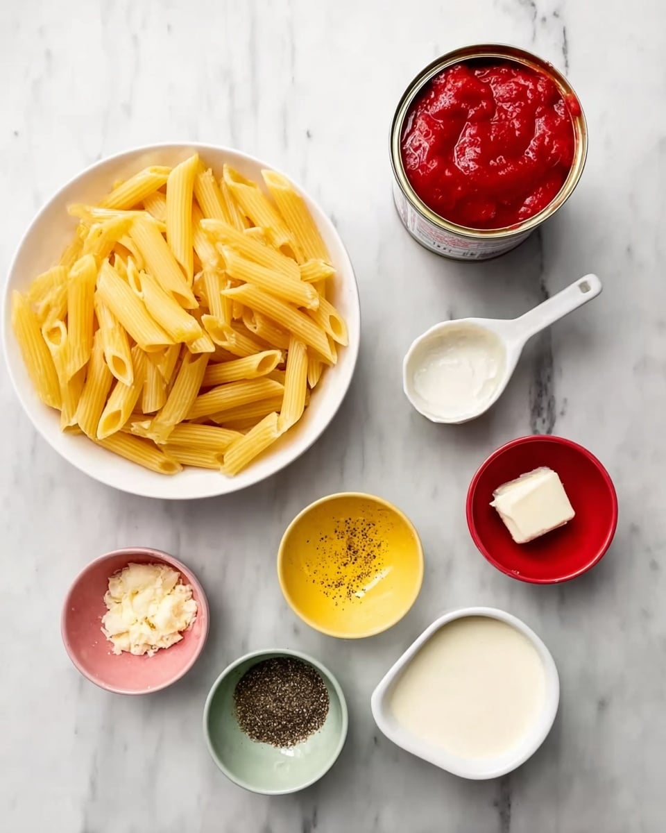 A white bowl filled with dry penne pasta sits on a white marbled surface next to an open can of bright red tomato sauce. Around them, six small white bowls each hold different ingredients: a red bowl with a white solid block of butter, a pink bowl containing black pepper, a yellow bowl with minced garlic, a green bowl with a small amount of red tomato paste, and a white measuring cup holding cream. The ingredients are spaced out neatly, showing a variety of textures from smooth cream to chunky tomato sauce. Photo taken with an iphone --ar 4:5 --v 7