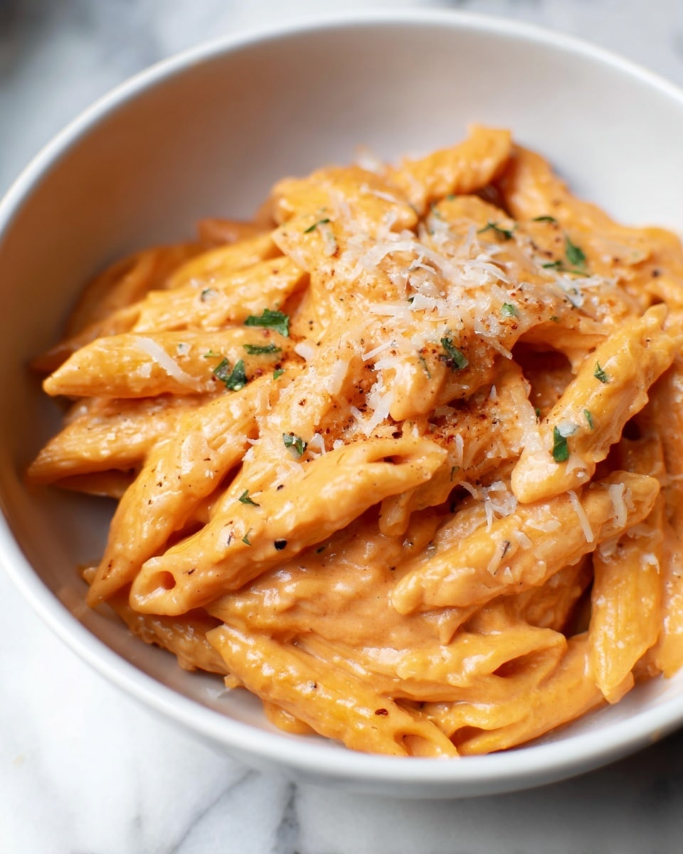 A close-up of a white bowl filled with creamy orange-colored penne pasta coated evenly in a smooth sauce. The pasta pieces are piled in layers with a soft texture, showing hints of grated white cheese lightly sprinkled on top and small green herb bits scattered throughout. The bowl rests on a white marbled surface. photo taken with an iphone --ar 4:5 --v 7