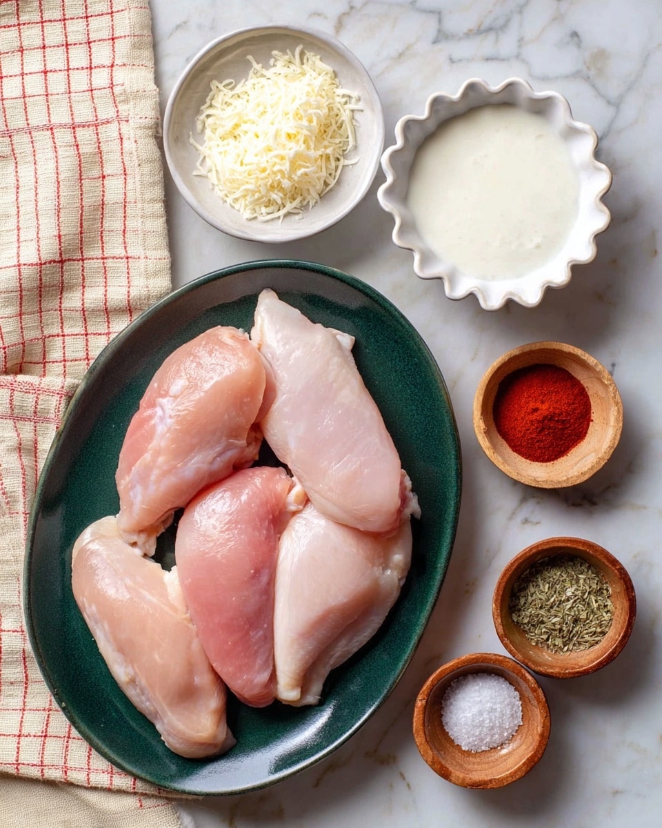 Four raw chicken pieces are placed on a dark green plate with curved edges, arranged to fill the plate. Around the plate are several small white dishes and wooden bowls with different ingredients: one white dish with grated cheese, another with a thick white creamy sauce, a third with milk, and a white scalloped dish holding coarse salt and black pepper. Three small round wooden bowls contain red powder, beige powder, and dried green herbs. The background is a white marbled surface with a beige cloth with a red grid pattern on the left side. Photo taken with an iphone --ar 4:5 --v 7