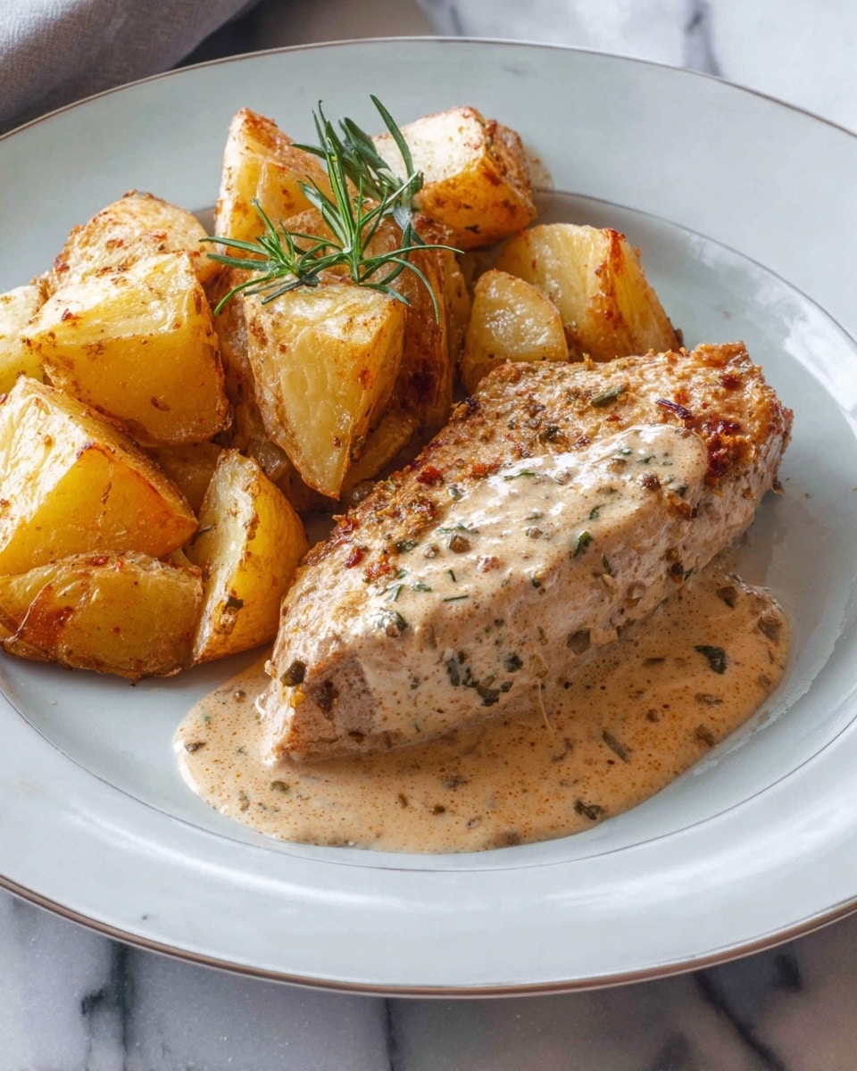 A white plate holds a piece of cooked meat covered in a creamy light brown sauce with visible herbs, placed at the bottom left. Behind and slightly above the meat are chunky potato pieces in light golden brown with some visible seasoning and a sprig of green herb on top. The plate rests on a white marbled surface. photo taken with an iphone --ar 4:5 --v 7