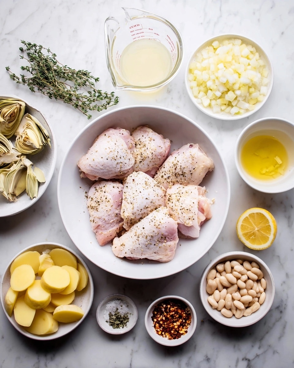 A top-down view shows a white bowl in the center holding five raw chicken pieces sprinkled with black pepper. Surrounding the bowl are smaller white dishes filled with ingredients: sliced shallots, minced garlic, olive oil, artichoke hearts, lemon slices with fresh thyme, white beans, sliced yellow potatoes, a small bowl of chili flakes, and a small bowl containing salt and ground pepper. There is also a clear measuring cup with broth. All items are set on a white marbled surface. photo taken with an iphone --ar 4:5 --v 7