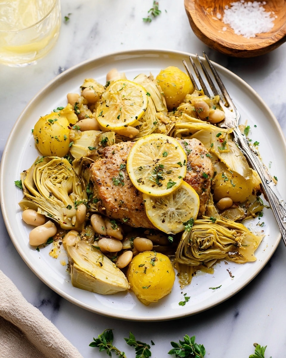 A white plate holds a piece of golden brown cooked meat resting on thin lemon slices, sprinkled with small green herbs. Around the meat are bright yellow potato halves, soft white beans, and light green artichoke quarters, all mixed together and garnished with more chopped herbs and coarse pepper bits. A silver fork is placed on the right side of the plate. The plate sits on a white marbled surface, with a wooden bowl of salt and some green herbs in the background. A glass with a light drink is partly visible in the top left corner. photo taken with an iphone --ar 4:5 --v 7