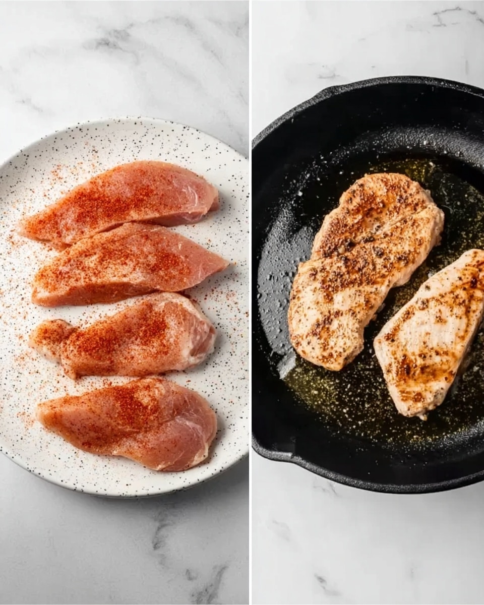 The image shows two side-by-side views: on the left, four uncooked, light pink pieces of meat seasoned with reddish spices are arranged on a white plate with small black speckles, resting on a white marbled surface. On the right, two cooked light brown meat pieces with darker browned spots are sizzling in a black cast iron pan with some oil, also on the same white marbled surface. photo taken with an iphone --ar 4:5 --v 7
