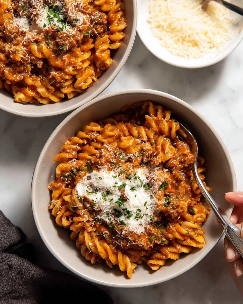 Two white bowls filled with spiral pasta covered in rich, orange-red sauce mixed with bits of meat. Each bowl shows a layer of creamy white sauce peeking through the pasta, topped with a sprinkle of grated cheese and chopped green herbs. One bowl has a silver spoon resting inside, and the other is being held by a woman's hand from the side. A white bowl with grated cheese and a spoon sits nearby on a white marbled surface, adding a soft, light tone to the warm colors of the pasta dish. photo taken with an iphone --ar 4:5 --v 7