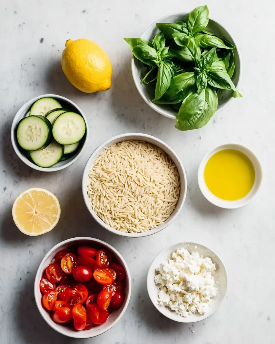 The image shows six white bowls arranged on a white marbled surface. At the center is a bowl filled with dry, light beige orzo pasta. Above it is a small pile of fresh green basil leaves. To the left of the pasta, there is a halved lemon with bright yellow flesh and a small bowl of sliced zucchini, showing green skin and light green inside. Below the pasta is a bowl of small red cherry tomatoes, some cut in half, revealing juicy interiors. To the right of the pasta is a small bowl with a yellow liquid, likely olive oil, and above that is a small bowl of crumbled white feta cheese. The arrangement is clean and bright, with vibrant colors standing out against the white background. photo taken with an iphone --ar 4:5 --v 7