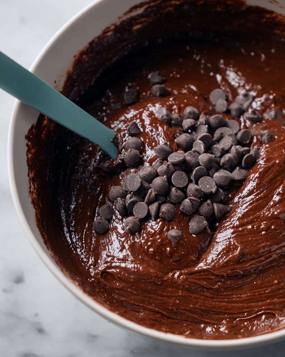 The image shows a thick layer of dark brown chocolate batter being mixed in a white bowl. The texture looks smooth and shiny with some small lumps. Scattered dark brown chocolate chips are mixed into the batter and sit on top in places. A teal spatula is partially visible on the left side, swirling through the mixture. The background is a white marbled surface. photo taken with an iphone --ar 4:5 --v 7