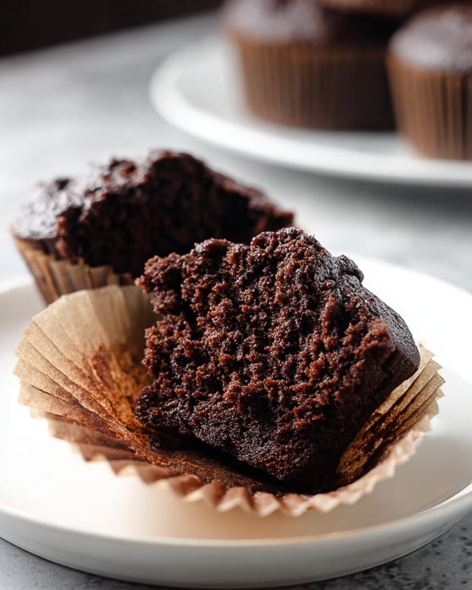 A chocolate muffin sliced in half sits on a white plate, with its dark brown, moist, and crumbly texture clearly visible. The muffin rests inside a light brown paper cup with well-defined pleats. In the background, there are blurred dark brown whole muffins adding depth to the image. The surface under the plate is a white marbled texture. The photo taken with an iphone --ar 4:5 --v 7