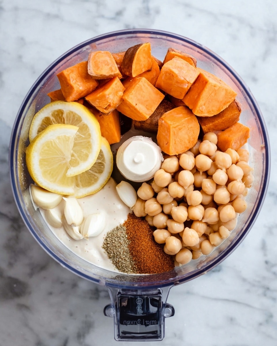 A clear food processor bowl contains several ingredients arranged in separate sections. There are medium-sized orange sweet potato chunks on one side, smooth round pale beige chickpeas on another side, two lemon wedges placed on top of the chickpeas, two whole garlic cloves beside the sweet potatoes, a white creamy sauce below the garlic, and a small pile of brown ground spice near the sauce. The bowl sits on a white marbled surface. Photo taken with an iphone --ar 4:5 --v 7