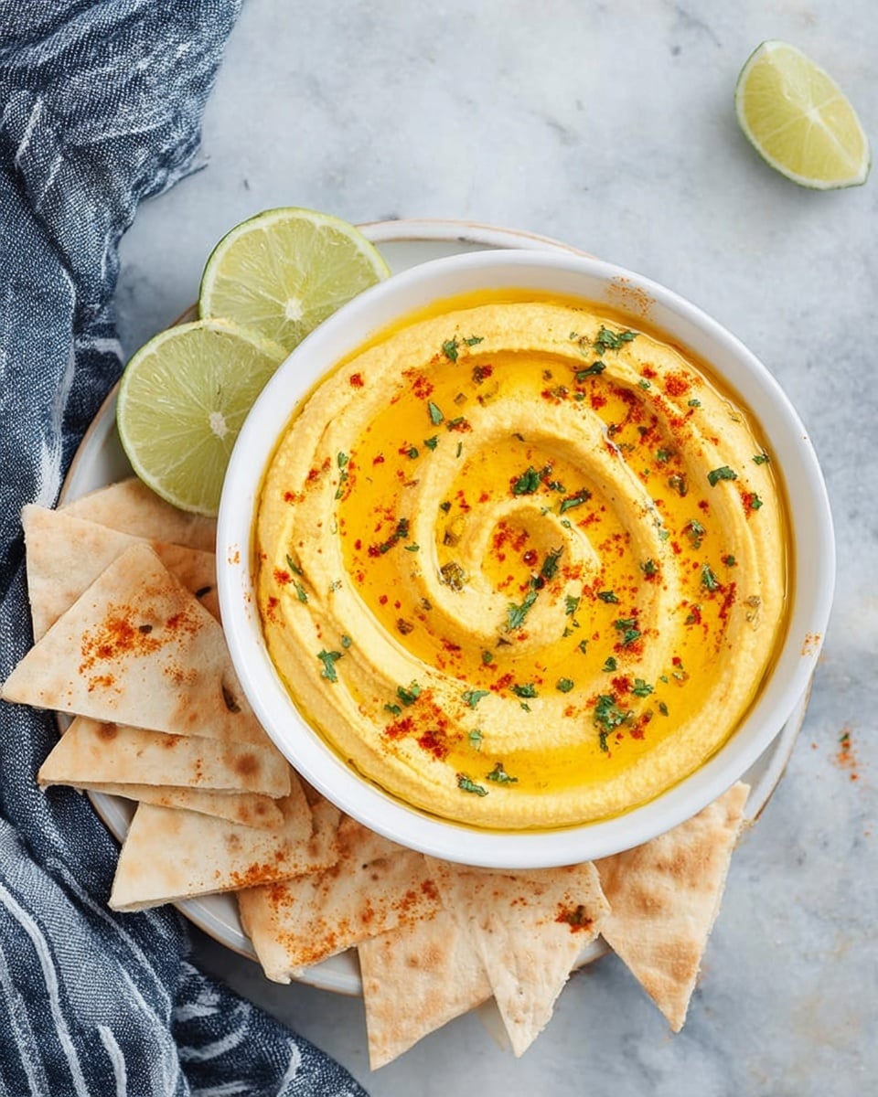 A white bowl filled with smooth, creamy yellow hummus with a swirl of golden olive oil on top, sprinkled with red paprika and small green herb pieces. The bowl sits on a round white plate that holds several triangular pieces of flatbread arranged around the bowl. Two lime wedges are placed on the white marbled surface nearby, along with a blue and white striped cloth on the left side. photo taken with an iphone --ar 4:5 --v 7