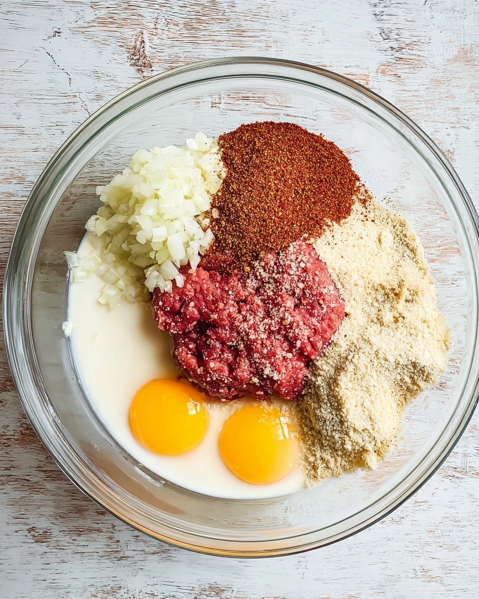 In a clear glass bowl on a white marbled surface, there are six distinct layers of ingredients before mixing. The bottom left has a creamy white liquid, likely milk or cream, flowing around the edges. On top of the creamy layer, a mound of finely chopped white onions sits slightly off-center to the left. At the center, there's a thick, bright red ground meat layer shaped in a rectangular block. Just above the meat, a heap of reddish-brown seasoning powder covers part of the meat surface. To the right of the meat and seasoning, two whole raw eggs with bright yellow yolks and clear whites rest side by side. Finally, to the bottom right, a pale beige dry breadcrumb layer fills the space beside the eggs. Photo taken with an iphone --ar 4:5 --v 7