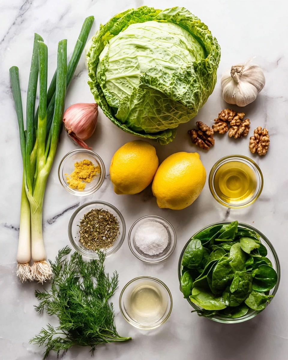 The image shows fresh ingredients laid out on a white marbled surface. There is a large whole green cabbage at the top center, with two bright yellow lemons just below it. To the left, there are green onions with long green stalks and white roots, and near them are two garlic cloves and a small shallot with a pinkish skin. Around the cabbage and lemons, there are small clear glass bowls holding dried herbs, yellow nutritional flakes, olive oil, and walnut halves. On the right side, a glass bowl holds fresh bright green spinach leaves, while fresh parsley and dill herbs are placed next to it. A small bowl of white salt and a small bowl with a pale liquid are also part of the setup. The colors are fresh and natural, with a mix of green, yellow, and light brown tones, all on the clean white marbled surface. photo taken with an iphone --ar 4:5 --v 7