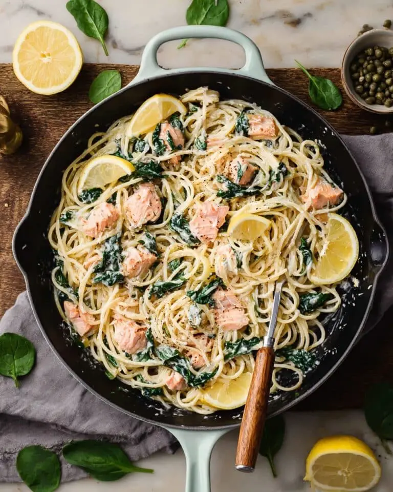 Creamy Lemon Salmon Pasta with Spinach and Capers Recipe