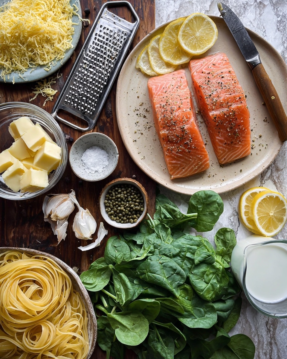 The image shows fresh ingredients laid out on a dark wooden table with a white marbled texture background. On the right, two raw salmon fillets seasoned with black pepper rest on a light beige plate, partially covered with lemon slices. A knife with a dark handle lies next to the salmon. Next to the plate, there are several garlic cloves and a whole garlic bulb. Fresh spinach leaves form a loose green cluster across the center of the image. A metal grater with a wooden handle is placed in the top left corner beside some lemon zest. Below the grater, a glass jug with clear liquid is visible. Small bowls containing salt, pepper, and green capers are placed nearby. A small dish with two cubes of butter sits above the spinach. In the bottom left, a white bowl holds cooked pasta noodles. A small glass pitcher filled with milk is also visible near the top right. The whole scene is bright and fresh, with a natural and rustic feel. Photo taken with an iphone --ar 4:5 --v 7