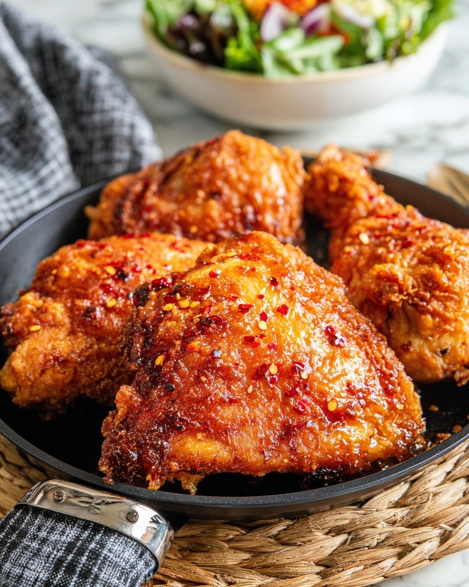 A close-up view of four pieces of crispy fried chicken with a golden-brown and slightly reddish crunchy crust, glistening with a shiny reddish sauce that has visible red chili flakes on top. The chicken pieces are arranged overlapping on a black skillet, which is placed on a woven straw mat. In the background, there is a blurred white bowl with mixed greens and vegetables atop a white marbled surface. A gray checkered cloth is partially visible near the skillet, and a woman's hand is gently holding the skillet handle. photo taken with an iphone --ar 4:5 --v 7