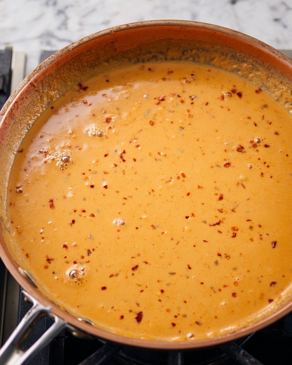 A close-up view of a shallow copper skillet filled with a creamy orange sauce that has small red and brown spice flecks scattered throughout. The sauce has a smooth texture with subtle bubbles on the surface, indicating it is gently simmering. The edges of the pan show some darker caramelized spots where the sauce has cooked a bit more. The skillet sits on a stove burner, and the background features a white marbled texture. photo taken with an iphone --ar 4:5 --v 7