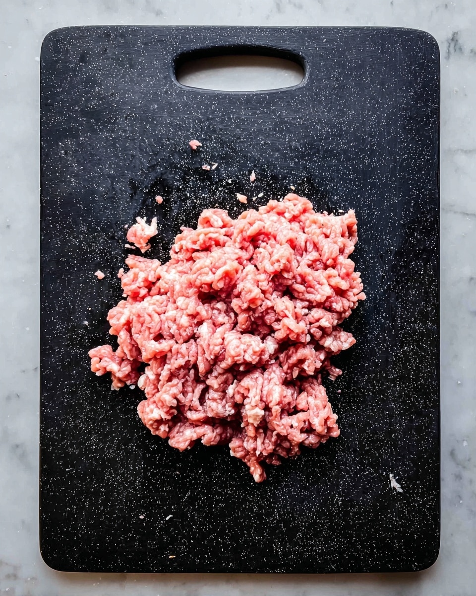 A pile of raw ground meat with a mix of pink and light red shades sits roughly in the center of a black cutting board with white speckles and an oval handle at the top. The meat looks soft with uneven small chunks and bits of white fat scattered throughout. The black board contrasts with the meat, and the background supports a white marbled surface visible at the edges. photo taken with an iphone --ar 4:5 --v 7