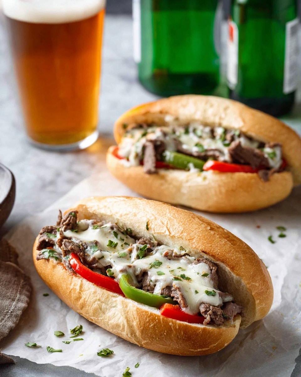 Two sandwiches on white hoagie buns filled with three main layers: a bottom layer of red and green bell pepper slices, a middle layer of thinly sliced cooked beef, and a top layer of melted white cheese sprinkled with small green herb pieces. The buns are soft and slightly shiny. The sandwiches sit on a piece of parchment paper over a white marbled surface. In the background, there is a tall glass filled with amber beer with a light frothy head and two green beer bottles, one mostly visible and one partly hidden. Photo taken with an iphone --ar 4:5 --v 7