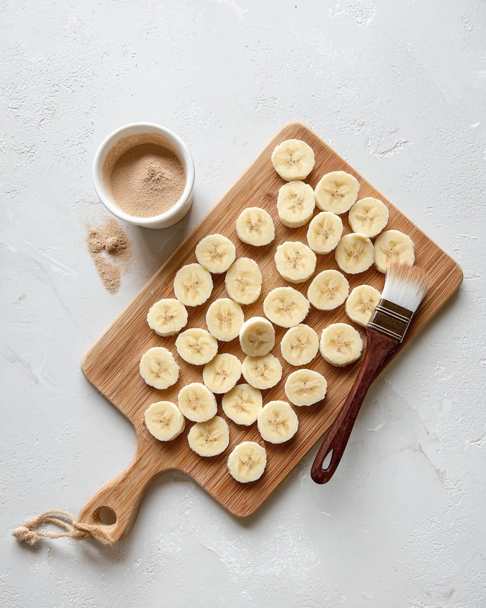 A wooden cutting board sits on a white marbled surface, filled with several layers of thin, round banana slices arranged neatly, covering almost the entire board. On the left side, there is a small white bowl filled with a light brown powder. To the right, a white small bowl holding a liquid with a white pastry brush resting on its edge, the brush handle made of dark wood. The overall look is clean and simple with soft natural light. photo taken with an iphone --ar 4:5 --v 7