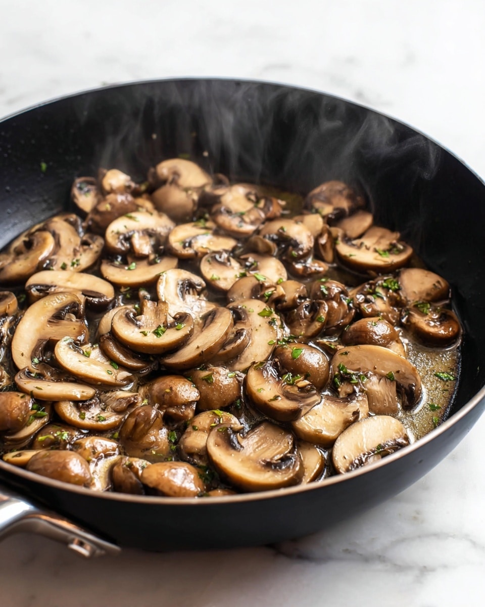 The image shows a black pan filled with cooked sliced mushrooms. The mushrooms have a light to dark brown color with smooth, slightly shiny texture from the cooking liquid. There are small green herb pieces scattered over the mushrooms, and steam is rising from the pan, showing the food is hot. Some mushrooms are whole and round while others are thin slices layered together. The pan rests on a white marbled surface with a shiny silver handle partly visible on the left side. photo taken with an iphone --ar 4:5 --v 7