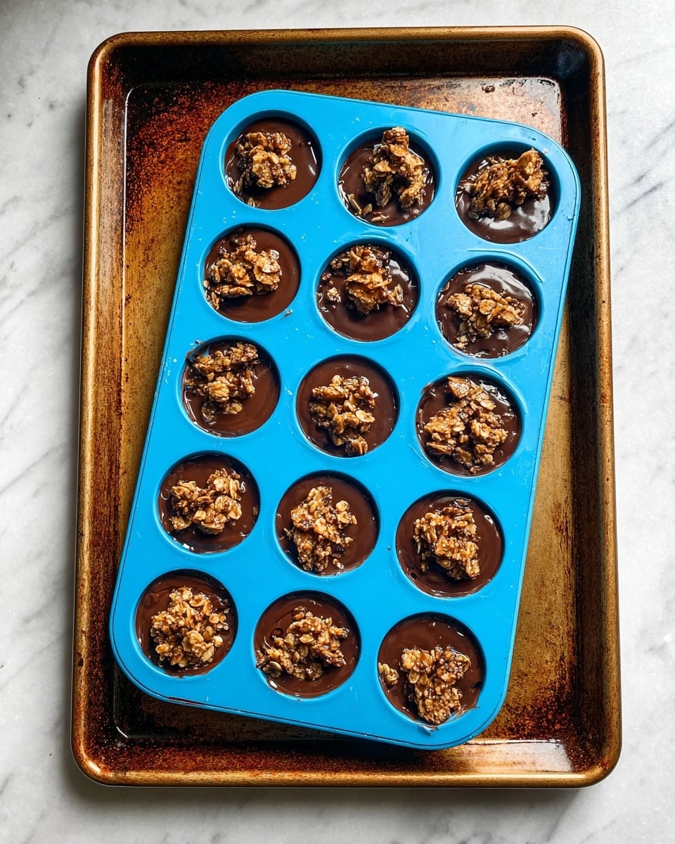 The image shows a blue silicone mold with 12 round cavities filled with dark melted chocolate, each topped with chunky light brown granola clusters. This mold is placed inside a worn metal baking tray with a rusty patina. The mold holds a single layer of chocolate as the base in each cavity, with granola pieces scattered unevenly on top. The entire setup rests on a white marbled surface. The lighting highlights the shiny texture of the melted chocolate and the rough texture of the granola photo taken with an iphone --ar 4:5 --v 7