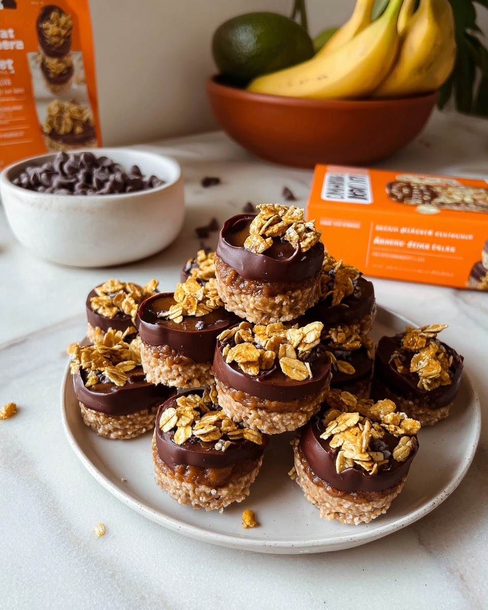 The image shows a white plate with round treats stacked in the center and spread around it. Each treat has three layers: a light brown bottom layer with a bumpy texture, a smooth dark brown middle layer of chocolate, and a top layer sprinkled with clusters of golden granola pieces. The treats have a rough, homemade look with slight uneven edges. In the background, a white bowl filled with chocolate chips sits beside a package of pumpkin cinnamon grain bars on a white marbled surface, along with a terracotta fruit bowl holding bananas and avocados. Photo taken with an iphone --ar 4:5 --v 7