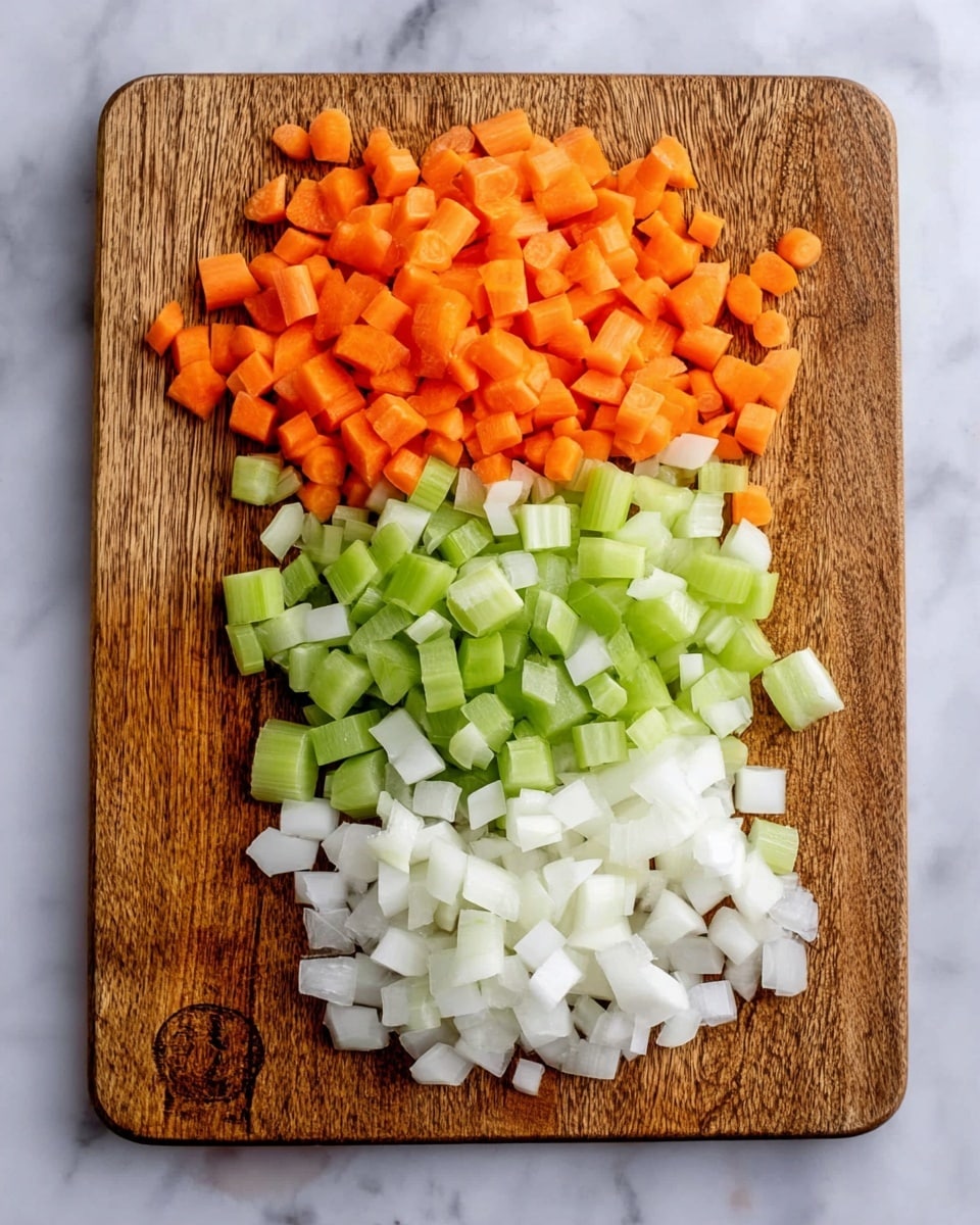 On a wooden cutting board placed on a white marbled surface, there are three separate piles of diced vegetables arranged in horizontal layers. The top layer is bright orange diced carrots with a firm texture, the middle layer is light green celery pieces showing a slightly curved shape, and the bottom layer consists of white chopped onions with a slightly translucent look. Each vegetable is cut into small, uniform cubes, and the colors create a clear contrast against the wooden board and white marbled surface. photo taken with an iphone --ar 4:5 --v 7