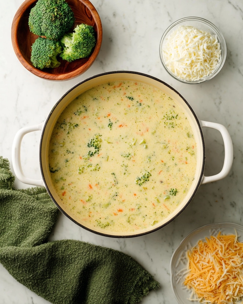 A white pot filled with creamy soup that has small green broccoli pieces and tiny orange carrot bits spread evenly throughout. To the top left, a wooden bowl holds three green broccoli florets, with one broccoli floret placed just outside the bowl on a white marbled surface. To the right of the pot, there is a small clear glass bowl filled with white cottage cheese and below it, a small white plate holds some shredded pale yellow cheese. A green cloth is loosely placed on the bottom left corner of the white marbled surface. photo taken with an iphone --ar 4:5 --v 7