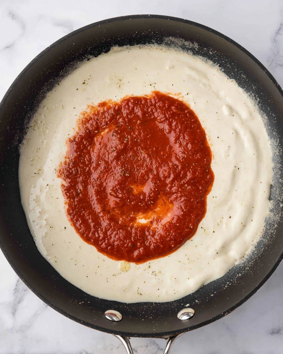 The image shows a black frying pan on a white marbled surface filled with two sauces. The bottom layer is a creamy white sauce that covers most of the pan’s inside, smooth with some specks of seasoning. On top of the white sauce, there is a smaller circular layer of thick, red tomato sauce in the center with a rich texture and slight gloss. The pan has two small silver rivets visible at the bottom. photo taken with an iphone --ar 4:5 --v 7