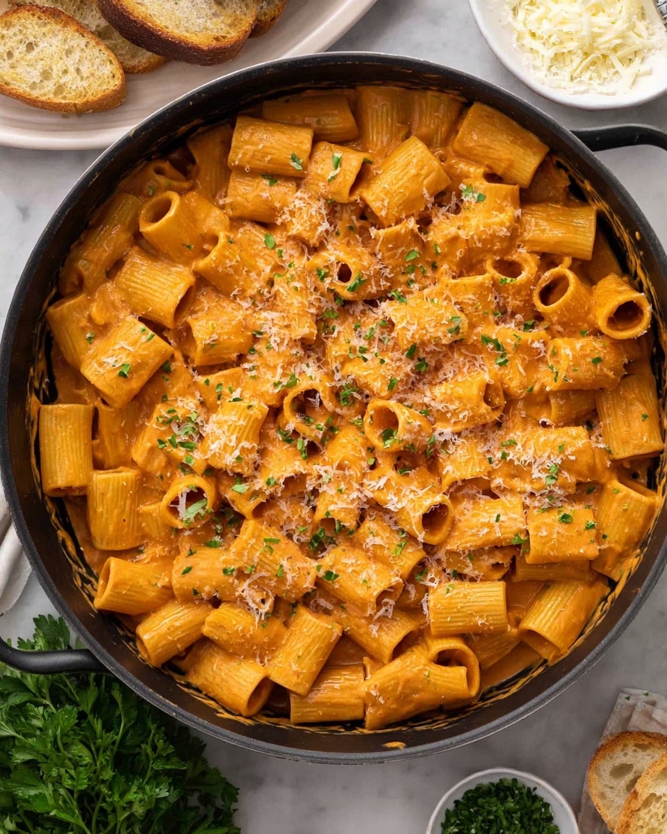 A close-up top view of a large black pan filled with short tube-shaped pasta coated in a rich orange sauce, topped with a light sprinkle of grated cheese and small bits of green herbs. The pasta is densely packed, showing the creamy texture of the sauce clinging to each piece. Around the pan, on a white marbled surface, there are pieces of sliced bread on a white plate, a small bowl of grated cheese, a small bowl of chopped green herbs, and a bunch of fresh green parsley. Photo taken with an iphone --ar 4:5 --v 7