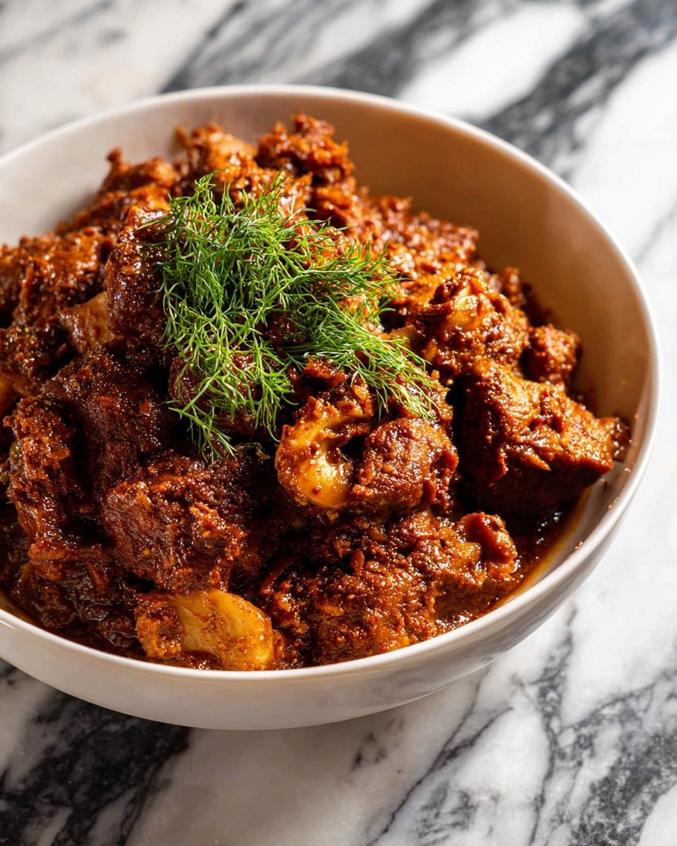 A white bowl filled with rich, dark brown cooked meat pieces covered in thick, textured sauce with a slightly oily shine. The dish has several layers of meat chunks that vary in shape, some curled and some flatter, showing a spicy seasoning blend. Fresh green dill garnish sits on top, adding bright color and a feathery texture. The bowl rests on a white marbled surface with dark gray veins running through it. The lighting highlights the glossy and rough textures of the meat and sauce photo taken with an iphone --ar 4:5 --v 7