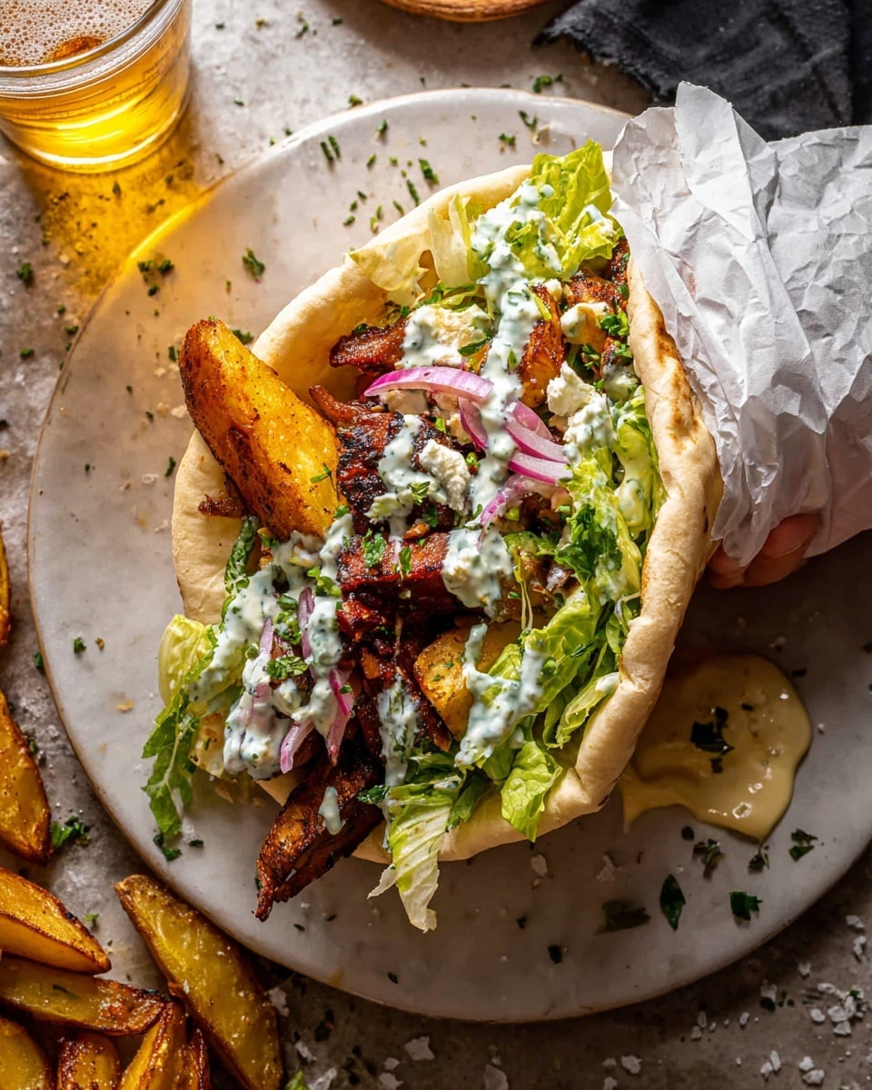 This image shows a folded flatbread wrap held by a woman's hand, wrapped partly in white paper. Inside the wrap, layers include crispy golden-brown potato wedges at the bottom, topped with bright green shredded lettuce, chunks of spiced, browned meat, and thin slices of pickled red onions. The wrap is drizzled with white creamy sauce with herbs, and small green herb leaves are sprinkled on top and on the flatbread. The wrap sits on a white plate with a small dollop of sauce on the side. Around the plate, there are a few potato wedges, sea salt flakes, and a glass of light beer on a white marbled surface. Photo taken with an iphone --ar 4:5 --v 7