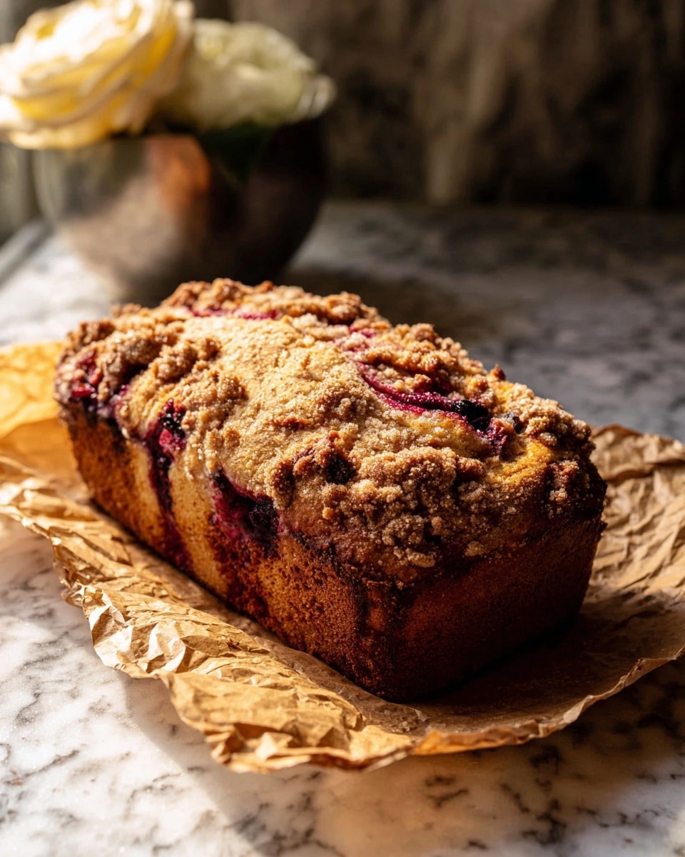 A loaf of crumb-topped berry bread rests on crinkled brown parchment paper, showing a golden brown crust with a rough, crumbly texture sprinkled across the top. The bread's swirled interior peeks through with deep red berry streaks that contrast with the warm, light brown dough. In the background, there is a metallic bowl holding a pale cream-colored flower, placed on a white marbled surface. The scene is lit softly, highlighting the bread’s texture and colors. photo taken with an iphone --ar 4:5 --v 7