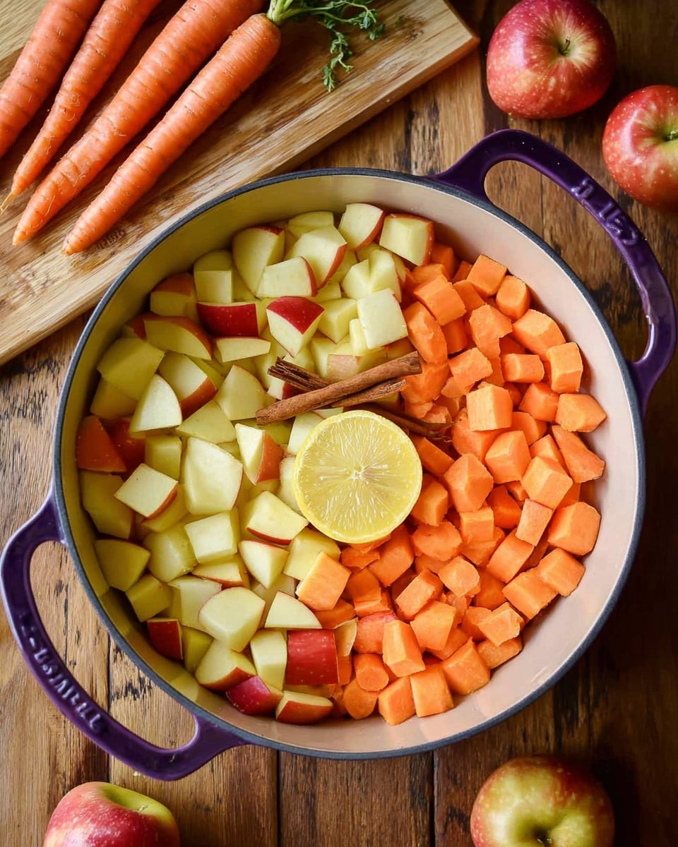 A white round pot with a dark purple handle is filled with chopped fruit and vegetables divided in half: the left side shows pale yellow and red apple pieces with smooth skin and a soft texture, the right side holds bright orange carrot chunks with a firm texture, a cinnamon stick laying near the center, and a halved lemon with a yellow rind and visible segments placed on top at the center. The pot is set on a wooden table with whole apples nearby and several whole carrots with green tops sit on a wooden board in the background. photo taken with an iphone --ar 4:5 --v 7