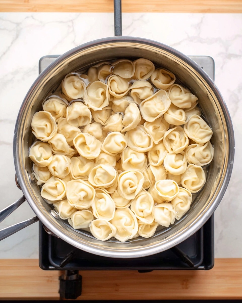 A top view of a silver metal pot filled with water and many small, light beige tortellini floating evenly across the surface, the tortellini pieces tightly folded with smooth curved edges, the pot is set on a black burner on a light wooden surface, all against a white marbled background. photo taken with an iphone --ar 4:5 --v 7