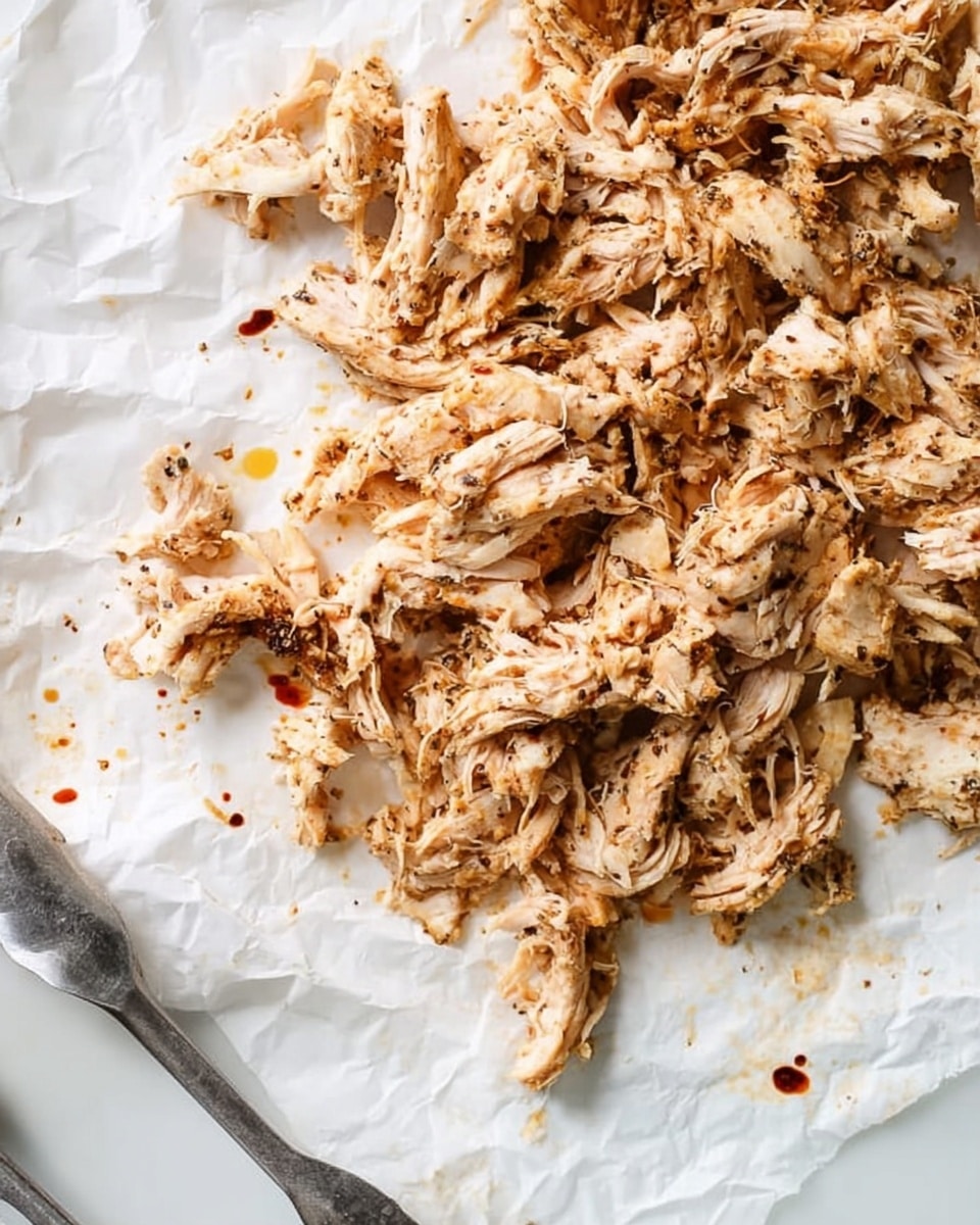 The image shows a close-up of a pile of shredded cooked chicken spread over white crumpled parchment paper on a white marbled surface. The chicken is seasoned with visible black pepper and herbs, with some small dark spots of seasoning and reddish-brown oil drops scattered around the edges. The shredded pieces have a mix of light brown and pale colors, showing a slightly moist texture. At the bottom left corner, a silver pair of tongs rests partly on the parchment. Photo taken with an iphone --ar 4:5 --v 7