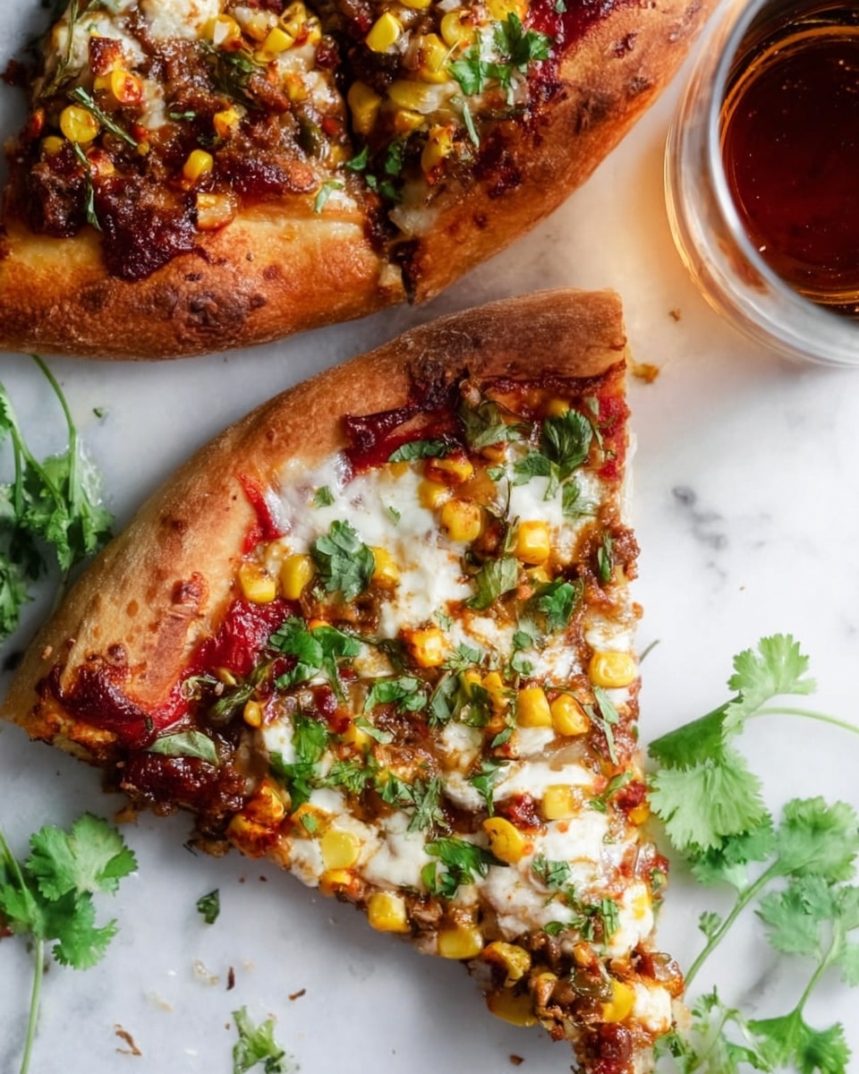 The image shows two slices of pizza on a white marbled surface. The pizza has one thick golden-brown crust layer on the outside. Each slice has several layers: a red tomato sauce base, a melted white cheese layer with some browned spots, and toppings including yellow corn kernels, small bits of what looks like cooked meat, and green herbs scattered on top. Fresh green cilantro leaves are sprinkled over the cheese and toppings, adding color contrast. There is a glass of dark amber liquid beside the pizza, partially visible near the top right corner. Some fresh cilantro sprigs lie on the white marbled surface near the top left corner. photo taken with an iphone --ar 4:5 --v 7