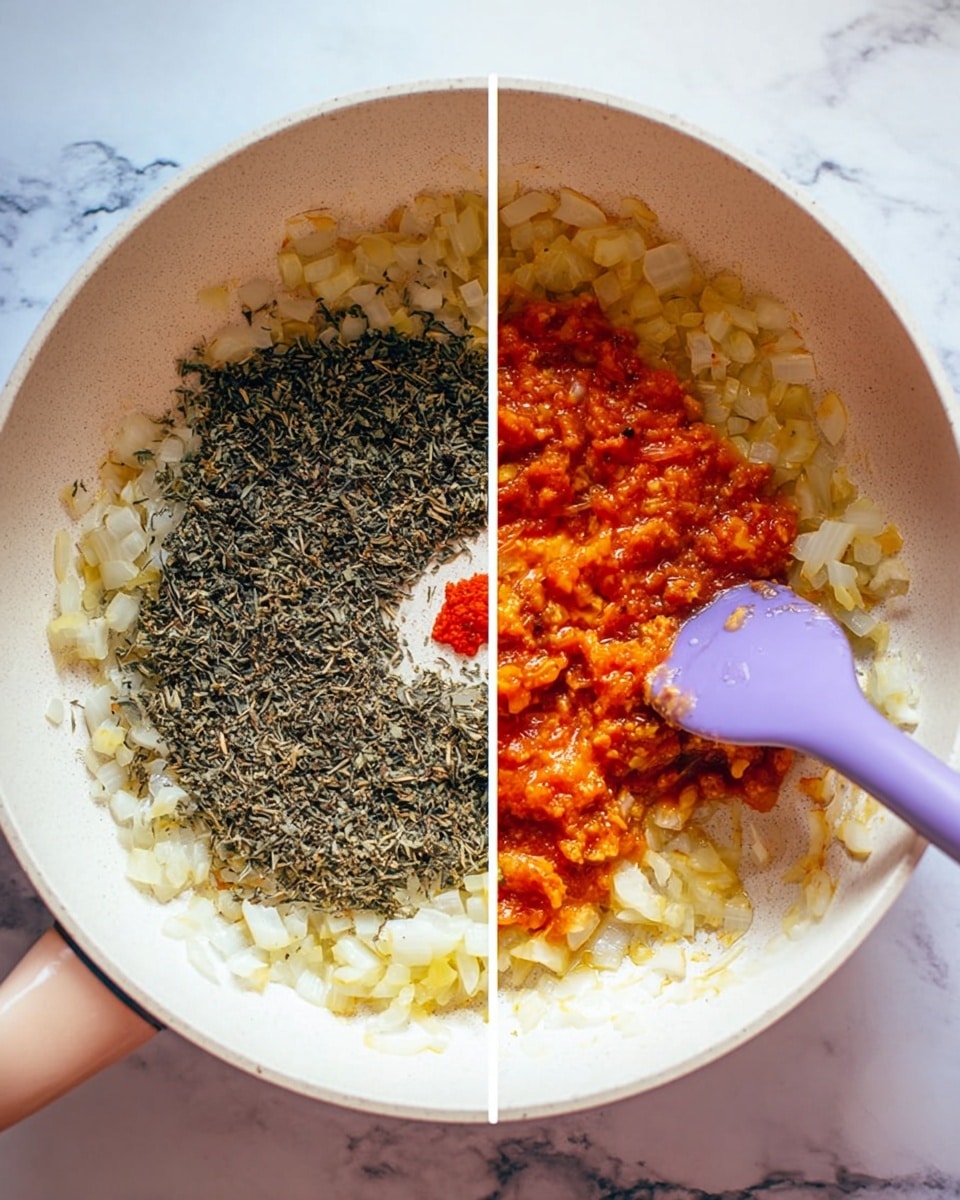 A white pan with diced onions spread across the bottom layer, light yellow and translucent in color. In the center of this layer is a small amount of red tomato paste. In the second layer, the onions have turned orange from the tomato paste mixed in, and a large pile of dark green dried herbs sits on top being stirred with a purple spatula. The surface beneath the pan shows a white marbled texture. Photo taken with an iphone --ar 4:5 --v 7