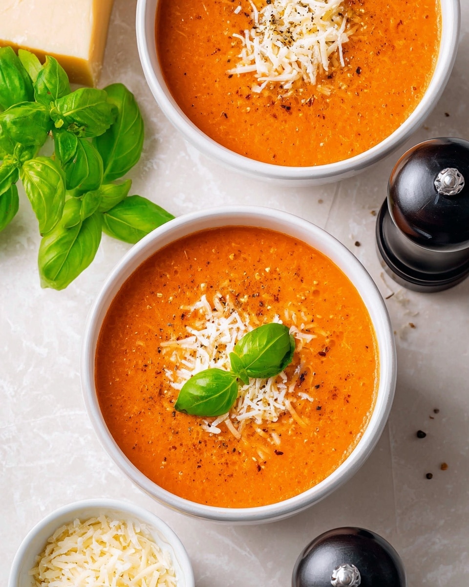 Two white bowls sit on a white marbled surface, each filled with smooth, creamy orange tomato soup. The soup in the front bowl is topped with a sprinkle of shredded white cheese and coarse black pepper, with two fresh green basil leaves resting on top. The bowl behind shows a similar topping of cheese and pepper but no basil leaves are visible. Around the bowls, there is a small white bowl filled with shredded white cheese and two dark pepper grinders. A bunch of fresh green basil leaves is partially visible on the left side, adding a touch of fresh color to the scene. Photo taken with an iphone --ar 4:5 --v 7